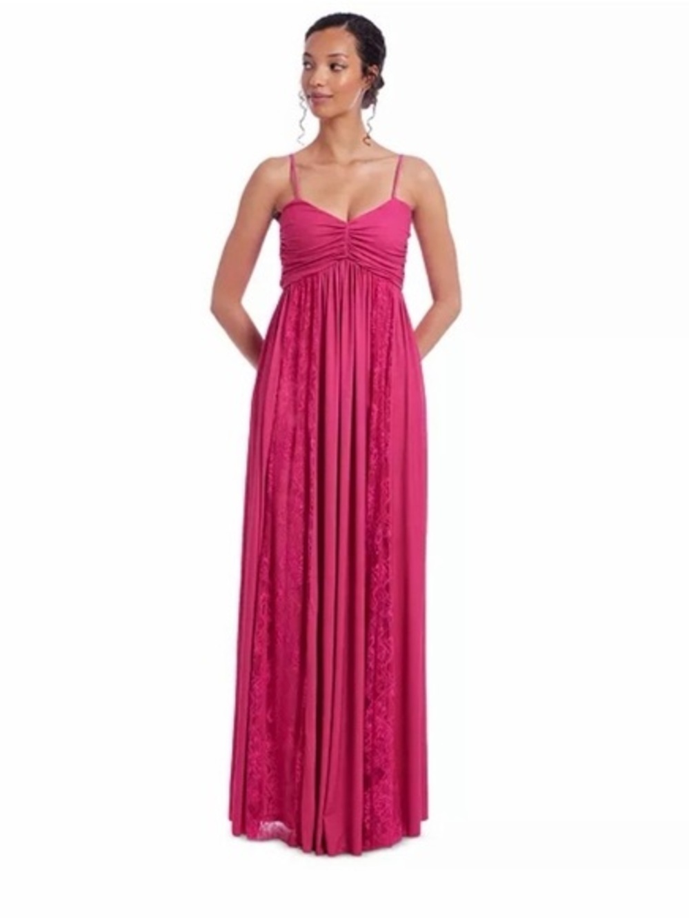 Jewel Badgley Mischka Hot Pink Fuschia Spaghetti Strap Lace Trim Maxi Dress
